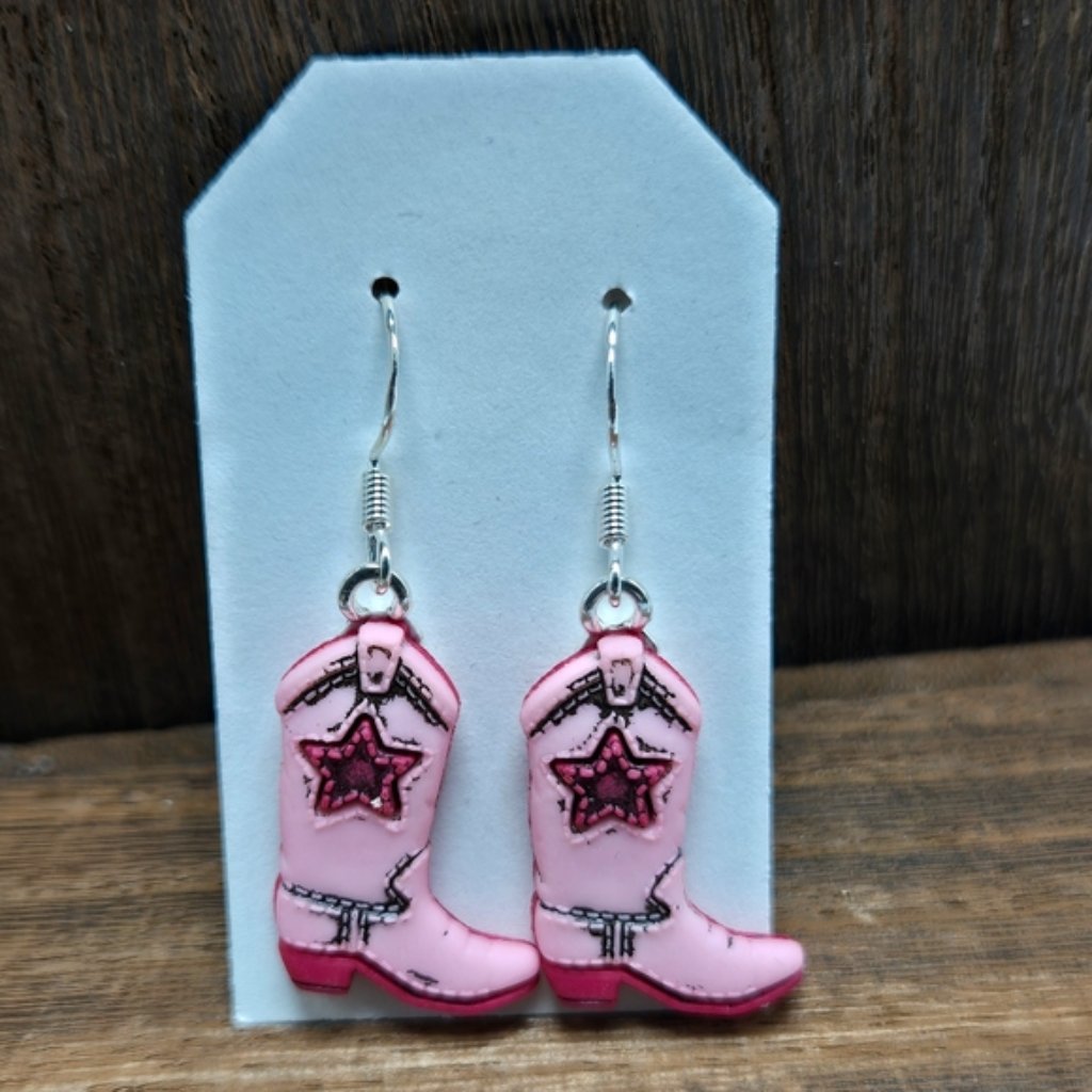 Nwt Pink Cowgirl Boots Earrings Pierced Star Country Girl Farm Western Dangle